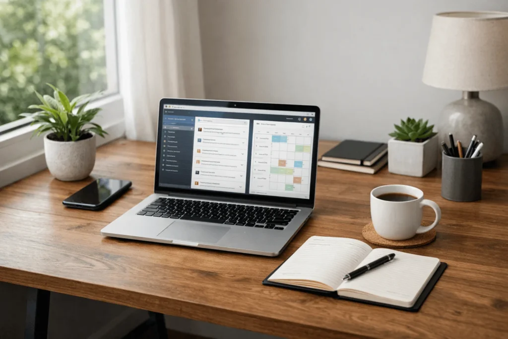 Beginner virtual assistant home office setup with laptop, notebook and coffee on wooden desk in clean workspace