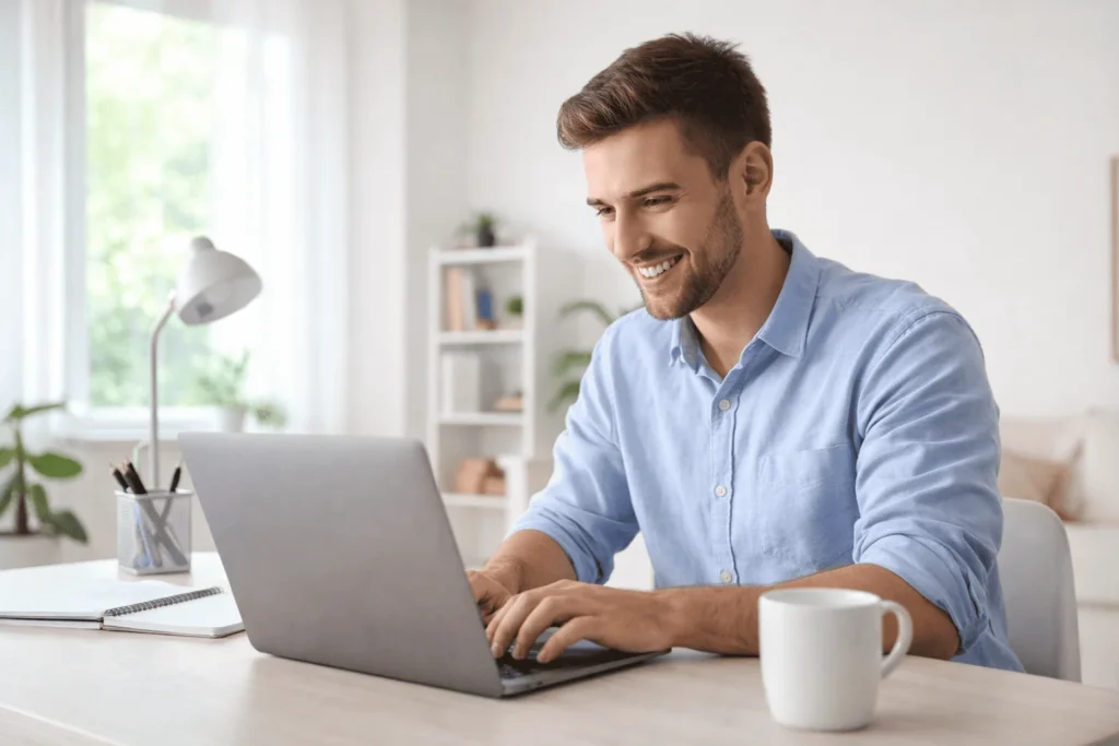 A beginner freelancer sitting at a laptop in a bright, tidy home workspace, looking motivated and ready to start earning online