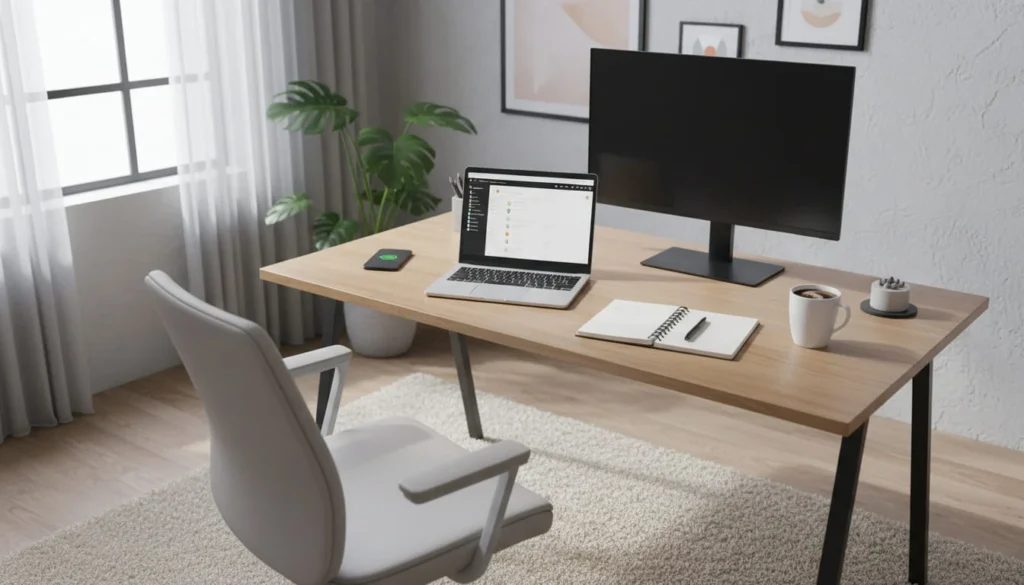 Professional home office setup with laptop, notebook, and coffee on a clean desk, natural lighting, modern workspace for freelancer