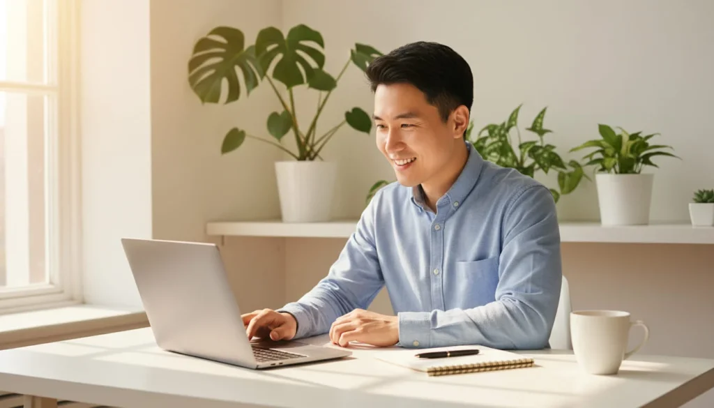 Beginner freelancer working from home on laptop in comfortable workspace