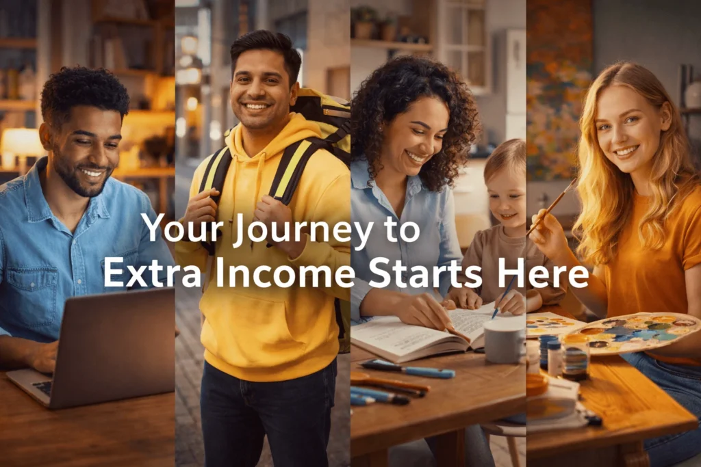 Diverse beginners starting their earning journey through online work and side hustles from home and outdoors