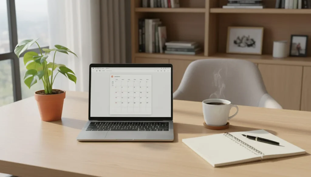 A clean and bright home office desk setup with a laptop, notebook, coffee mug, and a plant, representing an ideal workspace for online jobs from home.