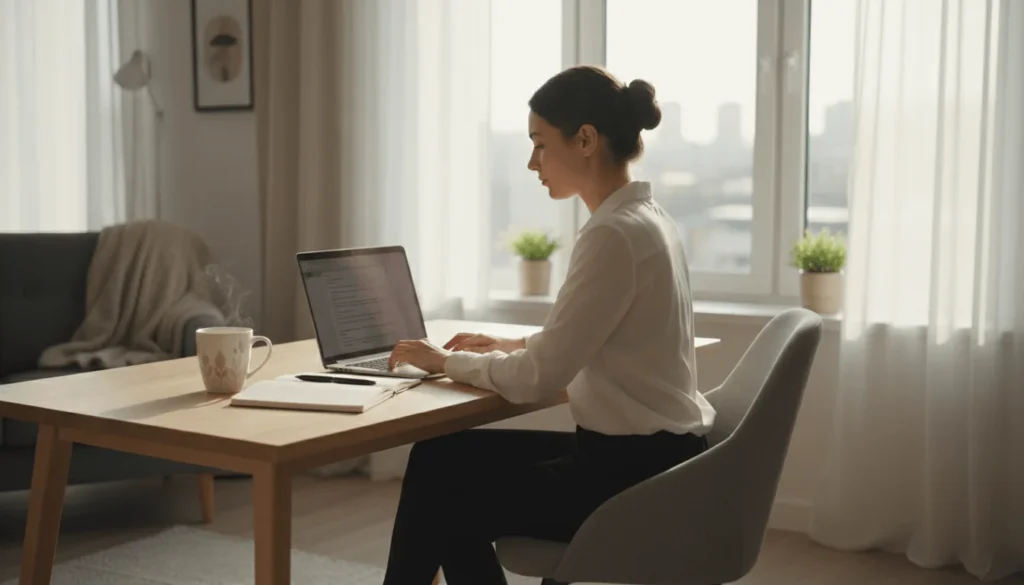 Person working from home on laptop doing data entry at clean desk with coffee cup