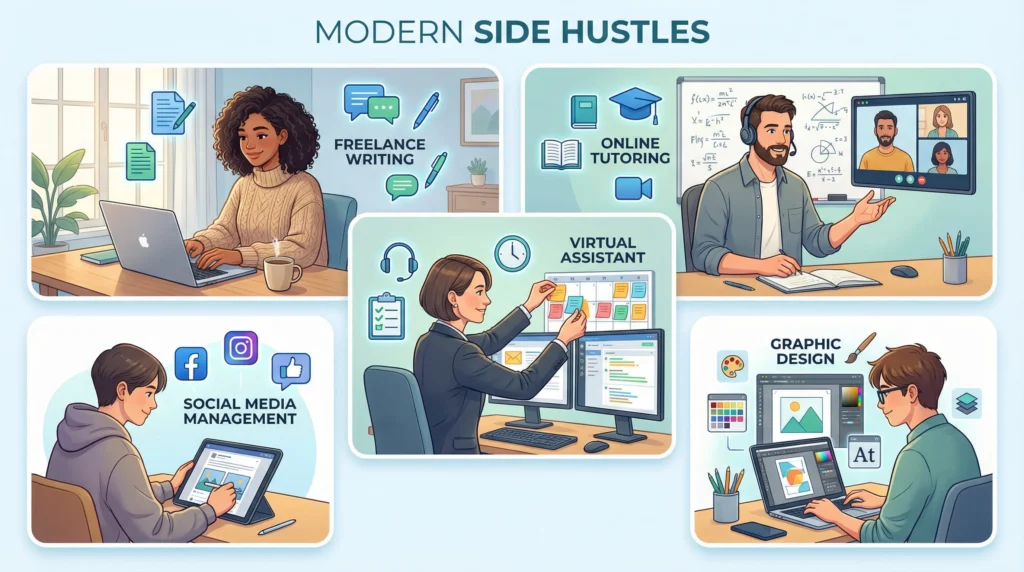 Five different side hustles for beginners showing freelance writing, online tutoring, virtual assistant work, social media management, and graphic design