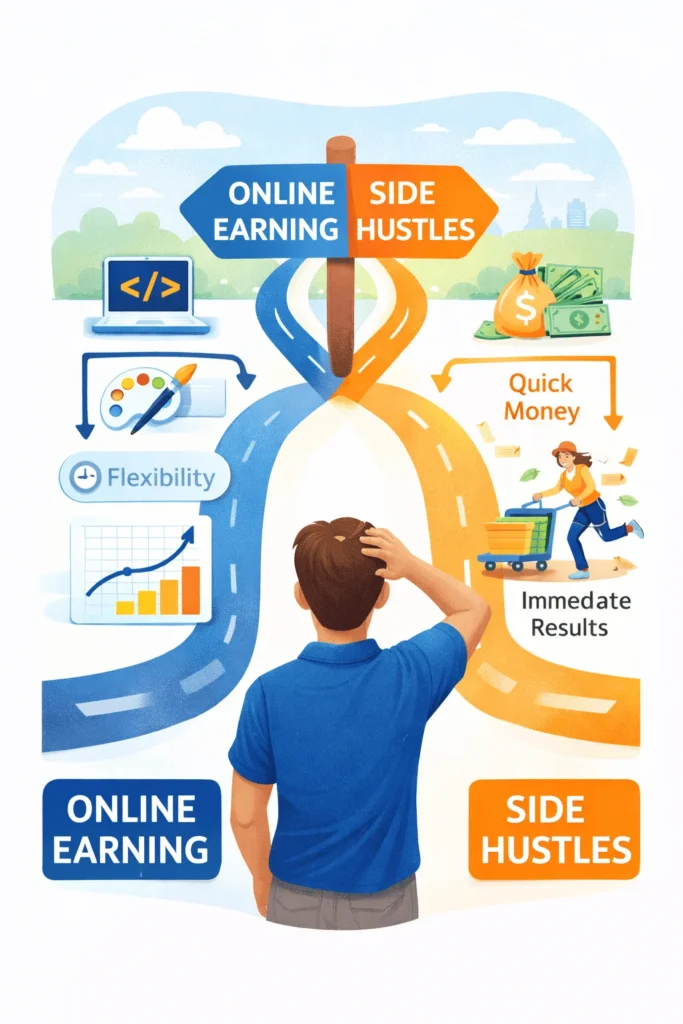 Decision flowchart helping beginners choose between online earning path and side hustle path based on goals