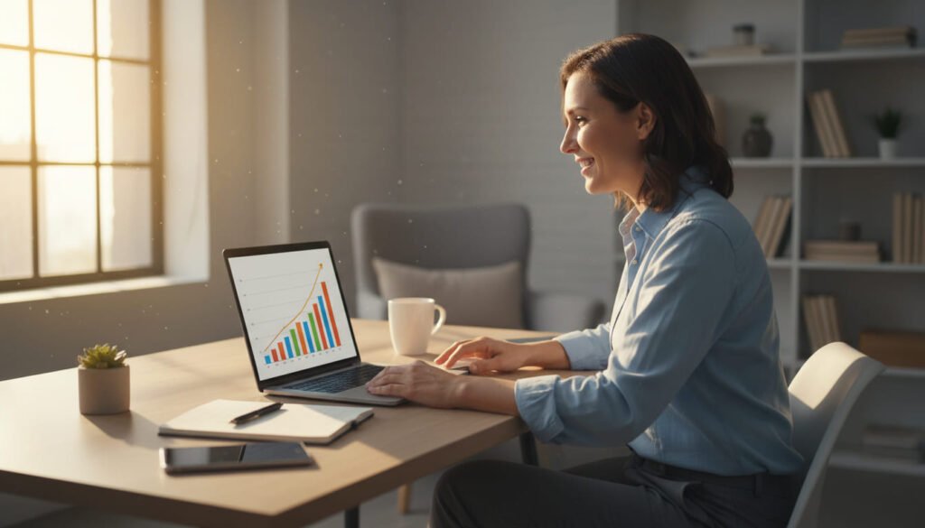 Motivational image of a person looking at laptop screen with growth chart rising upward, sunlight through window, hopeful and productive mood, modern home office, realistic and inspiring.
