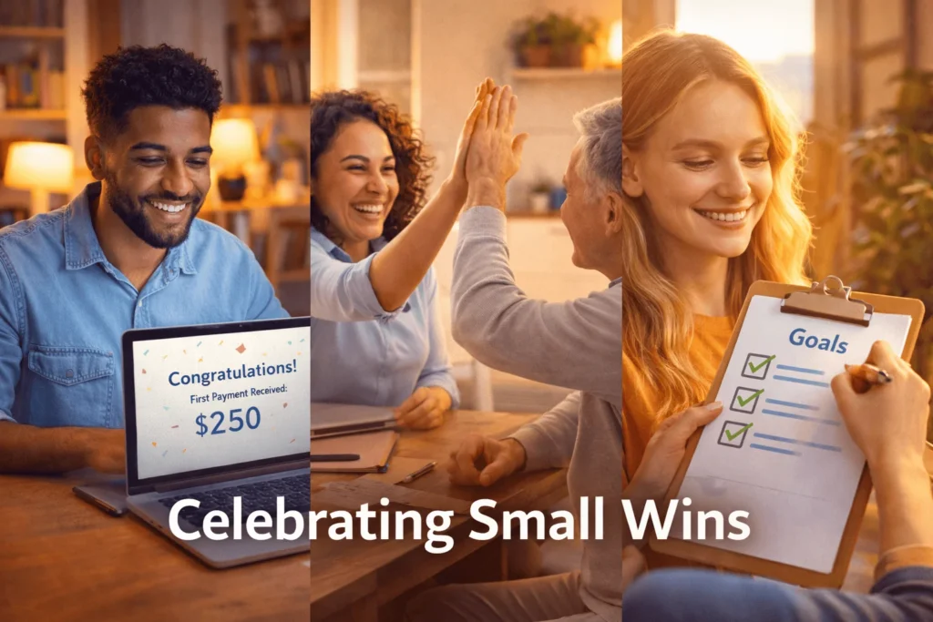 Beginners celebrating first earnings from online work and side hustle success with realistic achievement milestones