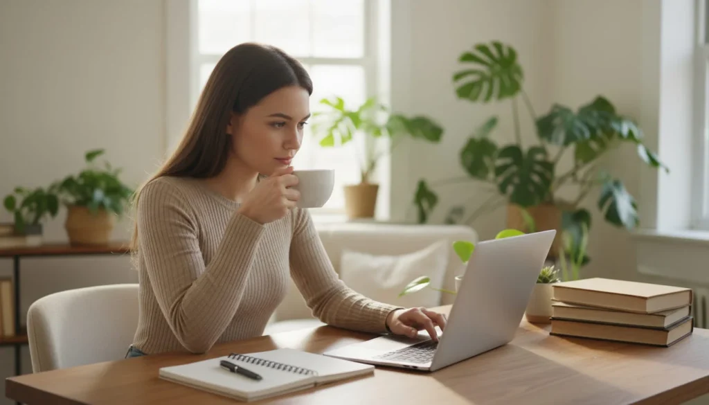 Young woman writer working on laptop at cozy home desk