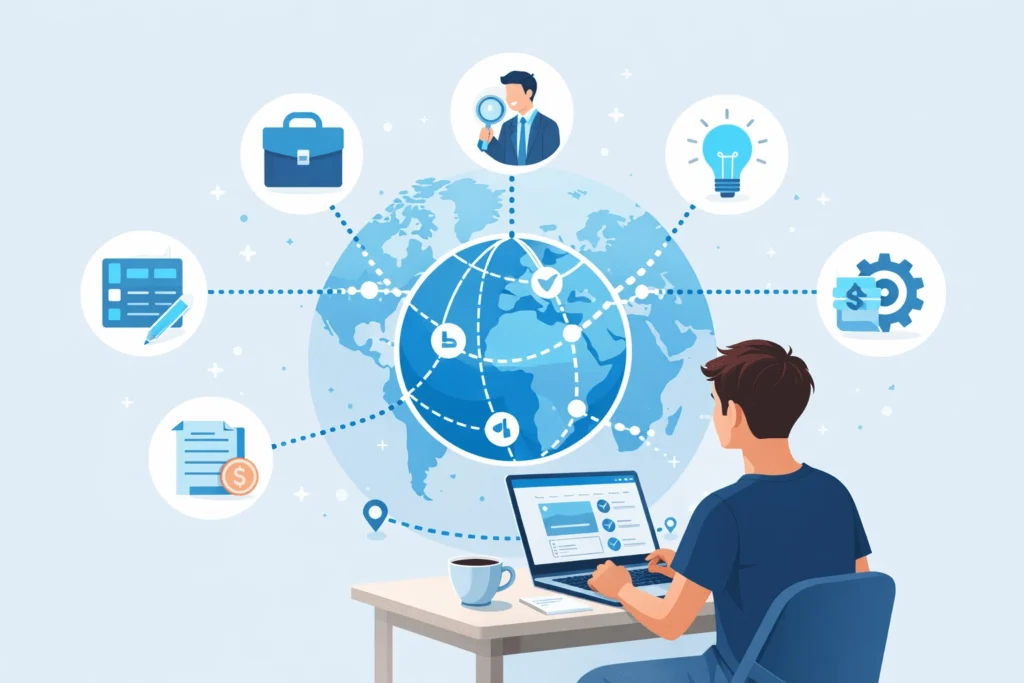 A beginner graphic designer using Canva on a laptop to create social media graphics for clients