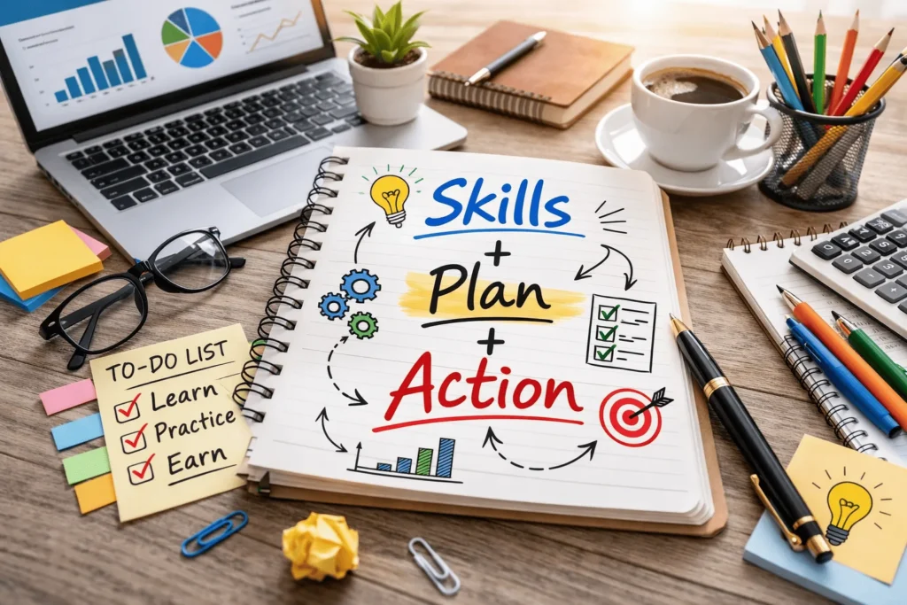 A notebook open on a desk with the words Skills, Plan, and Action written as a freelancing foundation checklist