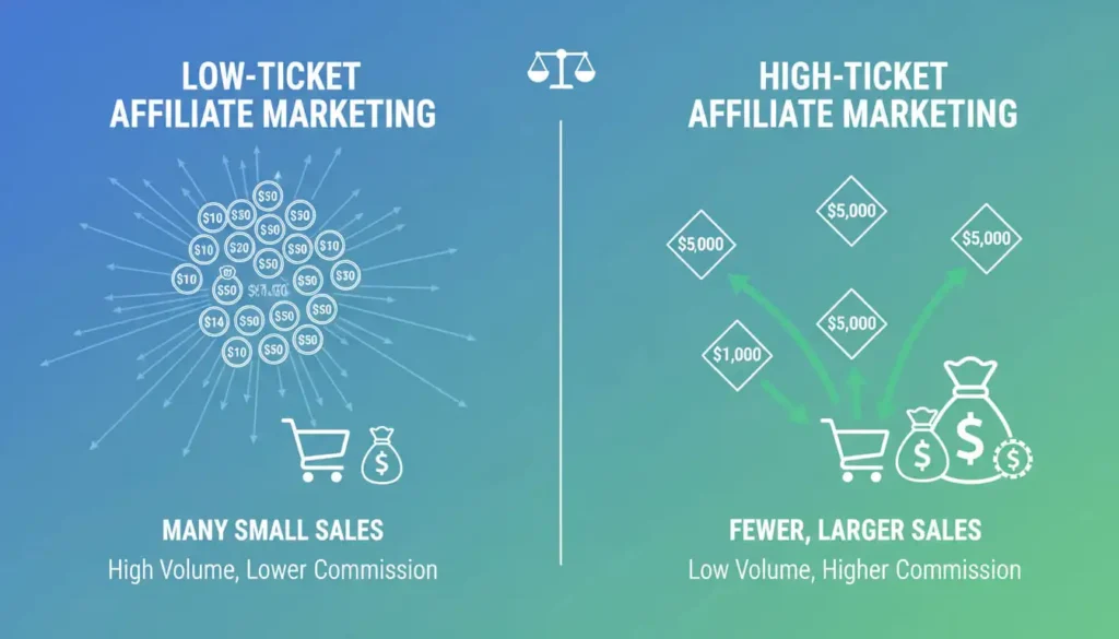 comparison between low-ticket vs high-ticket affiliate marketing