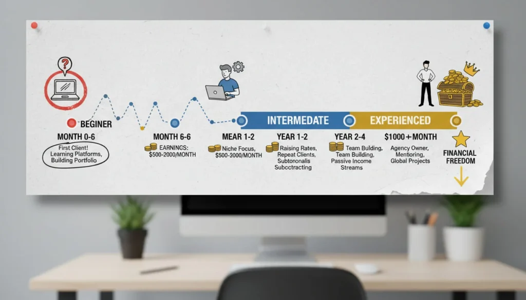 Realistic freelancer journey timeline infographic showing progression from beginner to experienced, with milestones and earnings growth