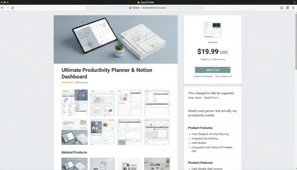 Professional mockup screenshot of a successful digital product listing page