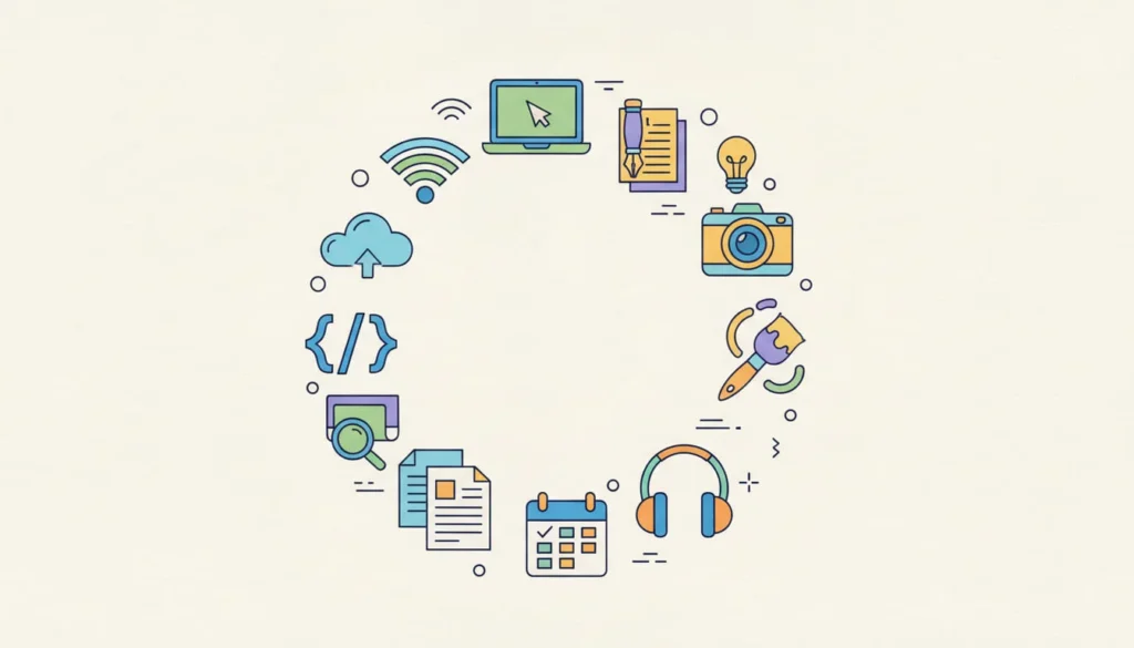 Different types of freelance jobs and services illustrated with icons