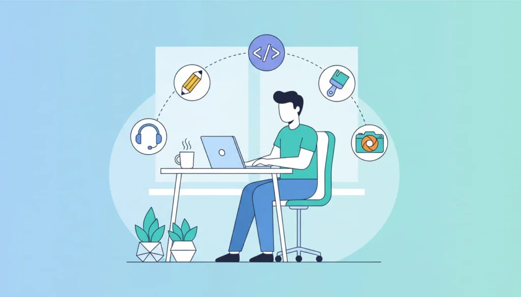 Person working from home on laptop with digital skill icons for freelance writing, coding, design, and content creation