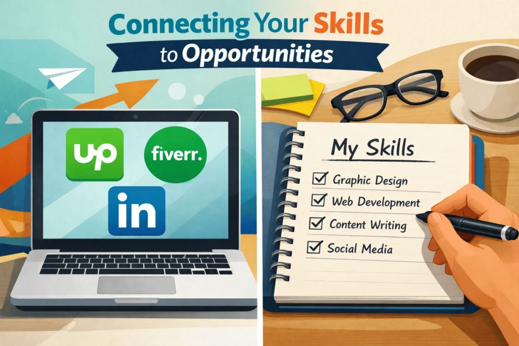 A split graphic showing a laptop displaying freelancing platform logos like Upwork and Fiverr on one side, and a person's hand writing a skills checklist in a notebook on the other.