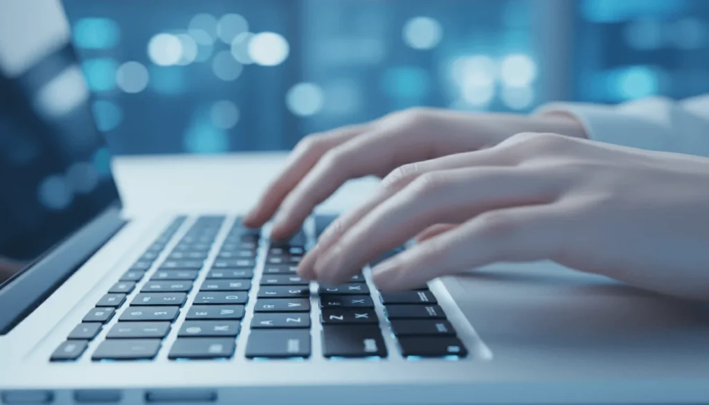 Hands typing fast on laptop keyboard practicing data entry speed