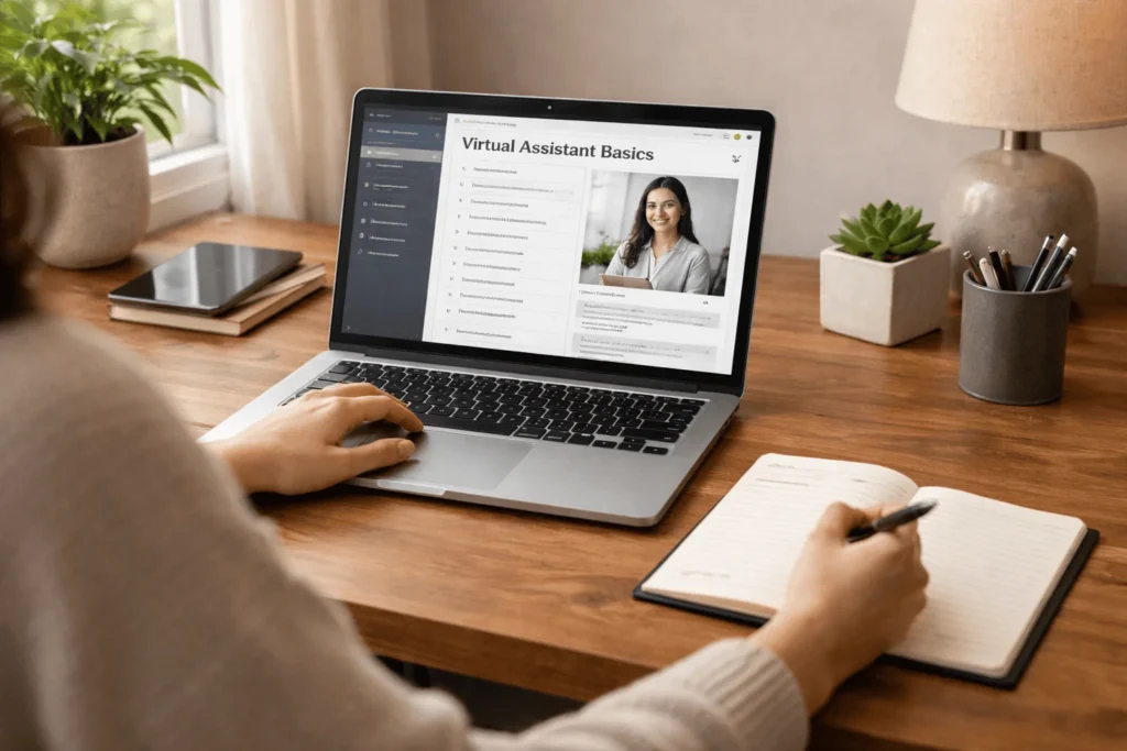 Beginner learning virtual assistant skills online using laptop and notebook at home desk