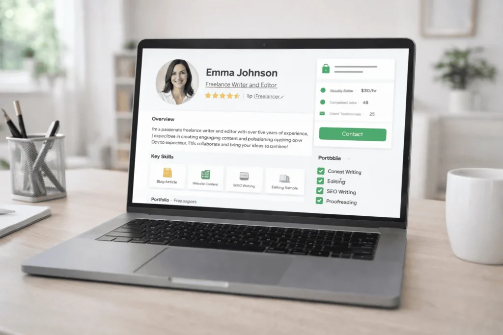A clean and professional freelancer profile page displayed on a laptop screen, showing a photo, headline, and portfolio samples