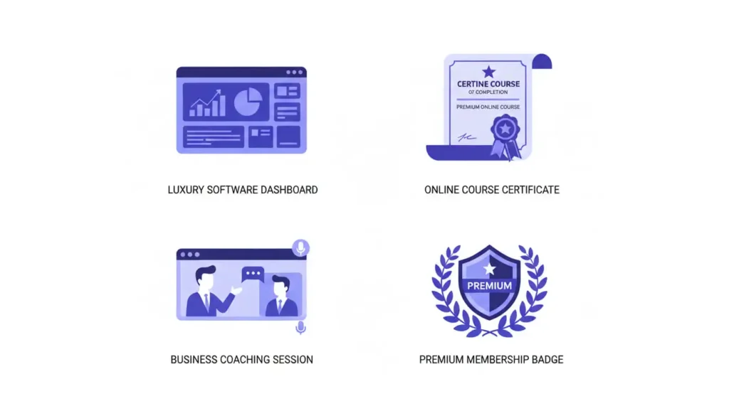 examples of high ticket products: luxury software dashboard, online course certificate, business coaching session