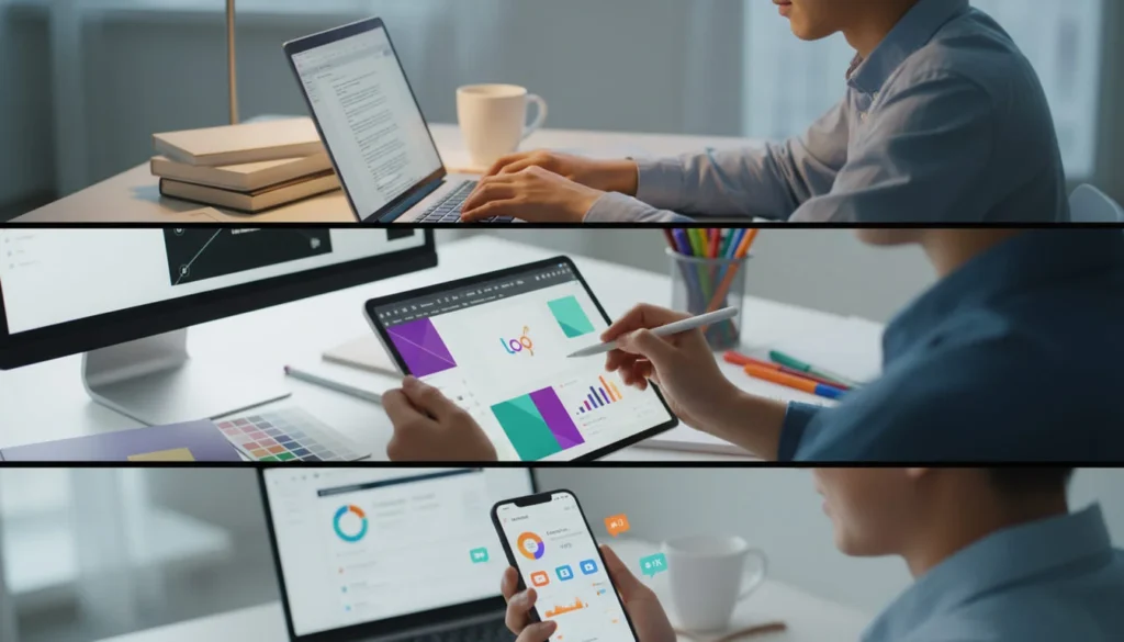 Split screen showing different freelance skills - person writing on laptop, designer working on graphics, social media manager analyzing data on phone