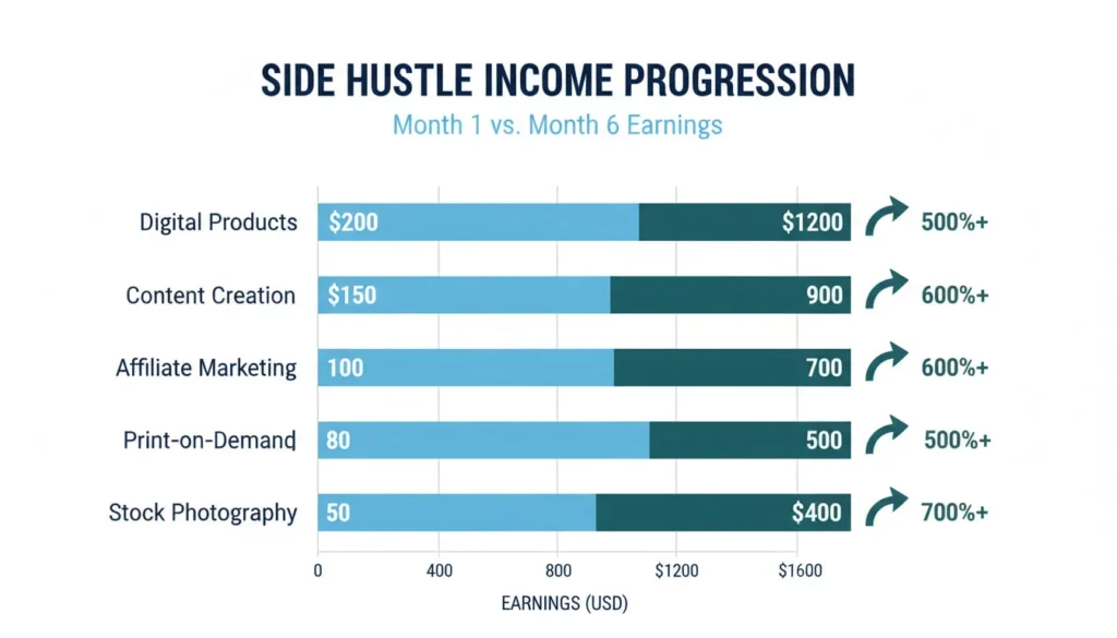 Clean modern infographic showing income progression bar chart, 6 different side hustle types on Y-axis