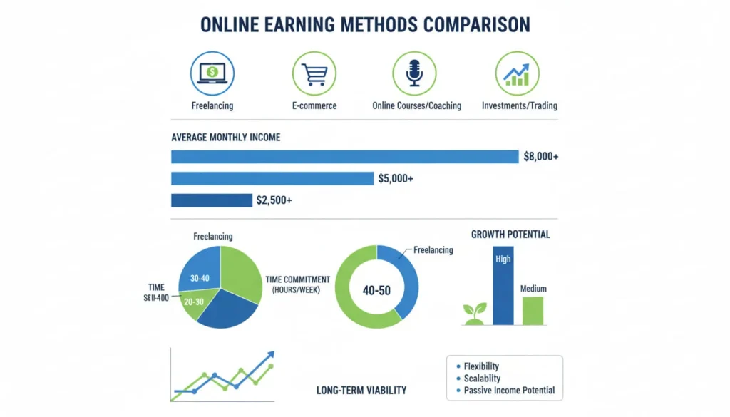 Online earning methods comparison chart showing income potential for beginners 2026