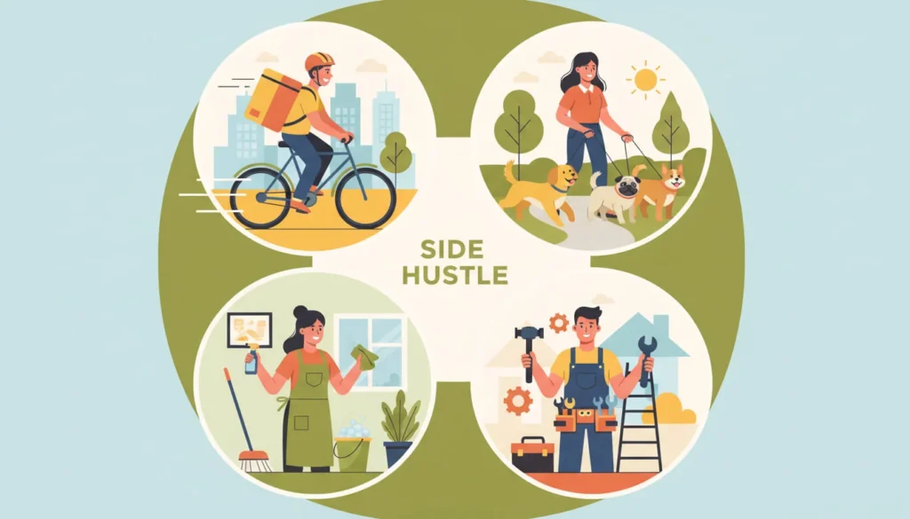 Side hustle ideas for beginners including food delivery, dog walking, house cleaning, and handyman services
