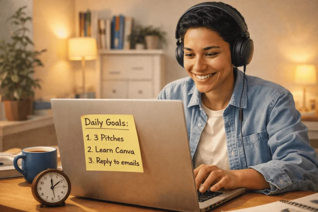 A smiling young woman wearing headphones working from her home office, with a sticky note on her laptop listing daily goals for her online earning journey.