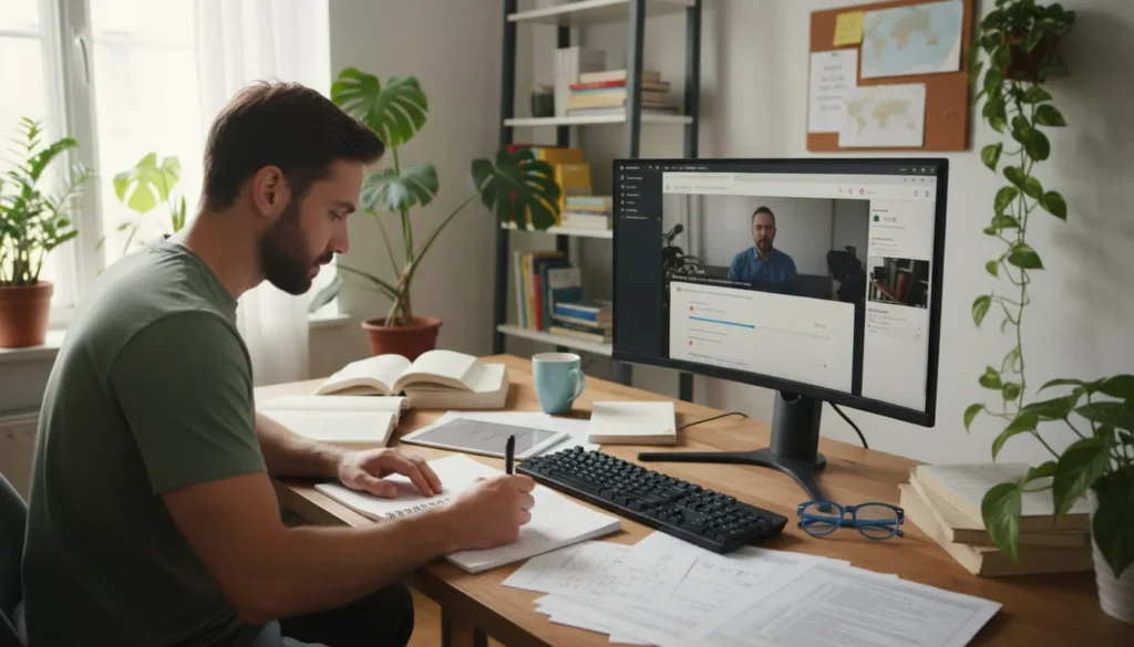 Person learning at computer with online course visible on screen