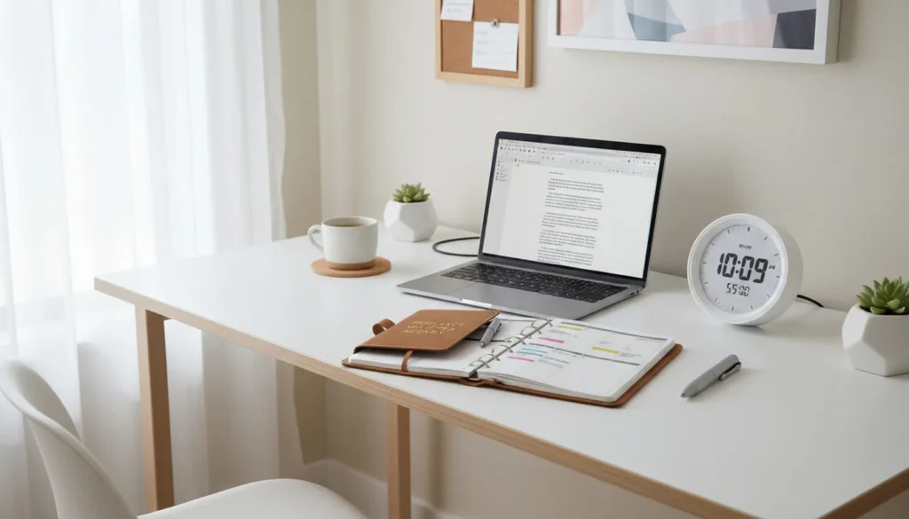 Organized home office workspace with planner, laptop, and clock representing time management for freelance writers