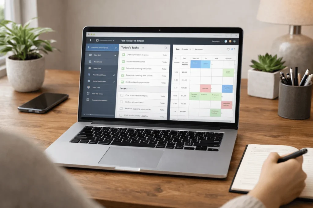Laptop showing virtual assistant productivity tools with calendar tasks and email dashboard