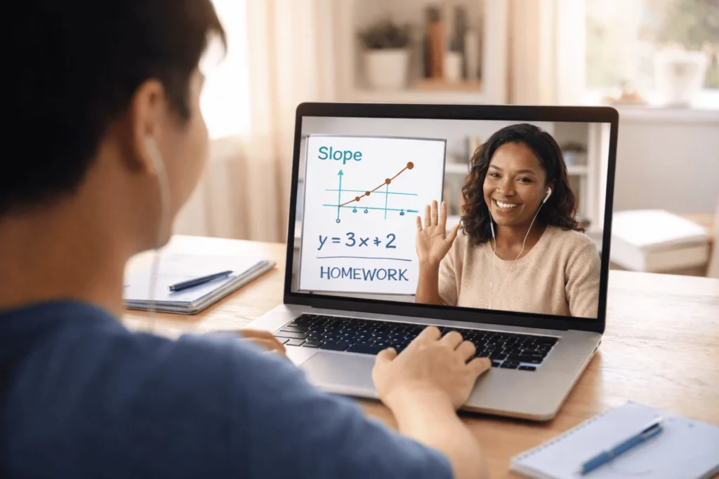 A focused beginner at a home desk reviewing a checklist of steps to learn online skills and avoid common mistakes