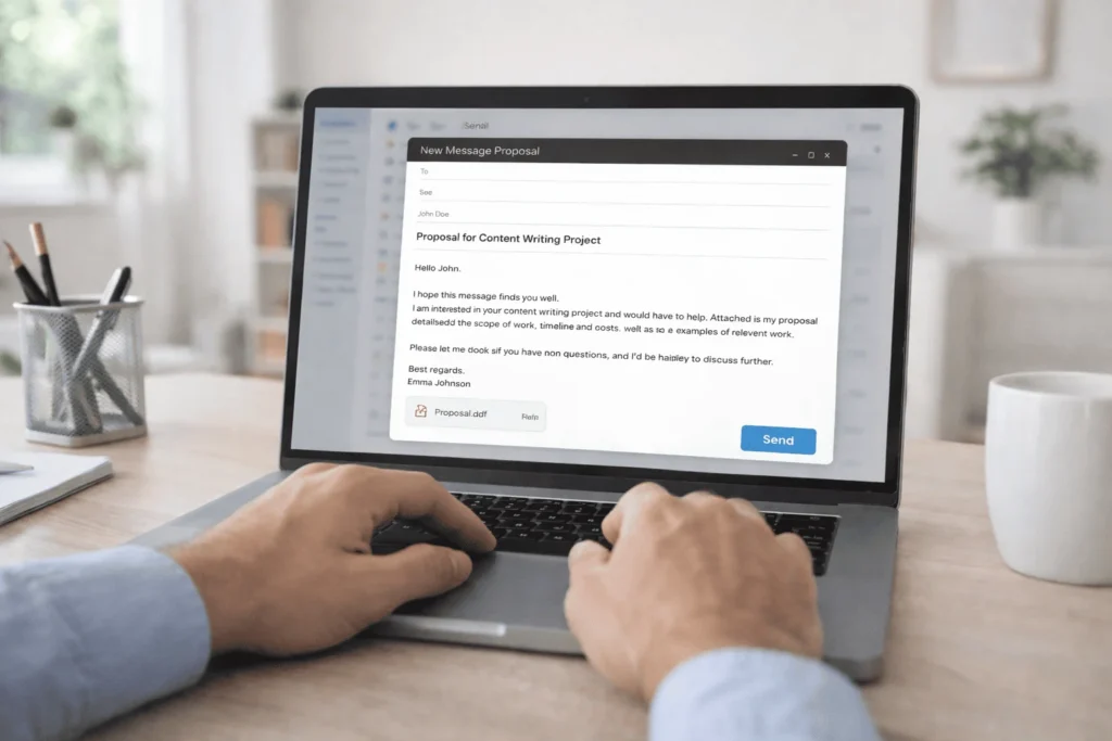 A beginner freelancer typing a professional client proposal on a laptop, with a focused and confident expression