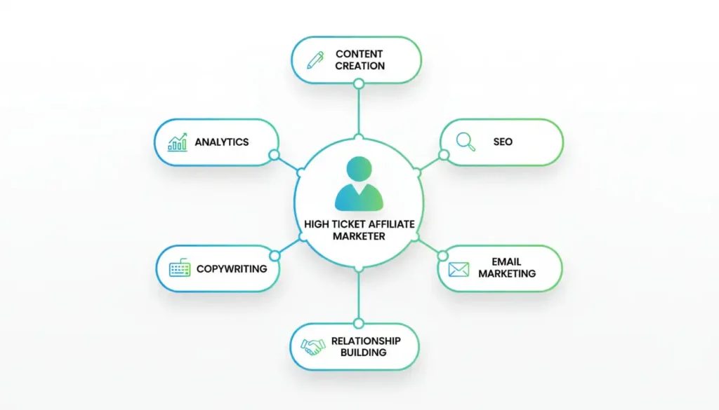 educational diagram showing the essential skills for high ticket affiliate marketing