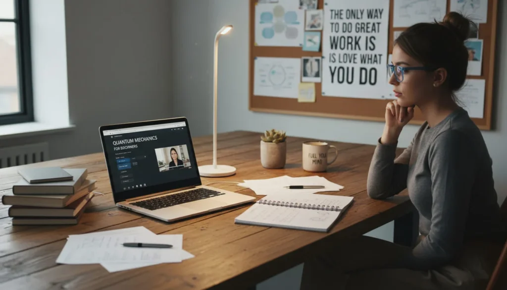 Person studying at desk with laptop showing online course, notebook with notes, focused learning environment, motivational workspace