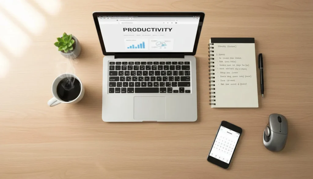 Clean organized home office workspace from above (flat lay), modern desk with laptop opened to a website