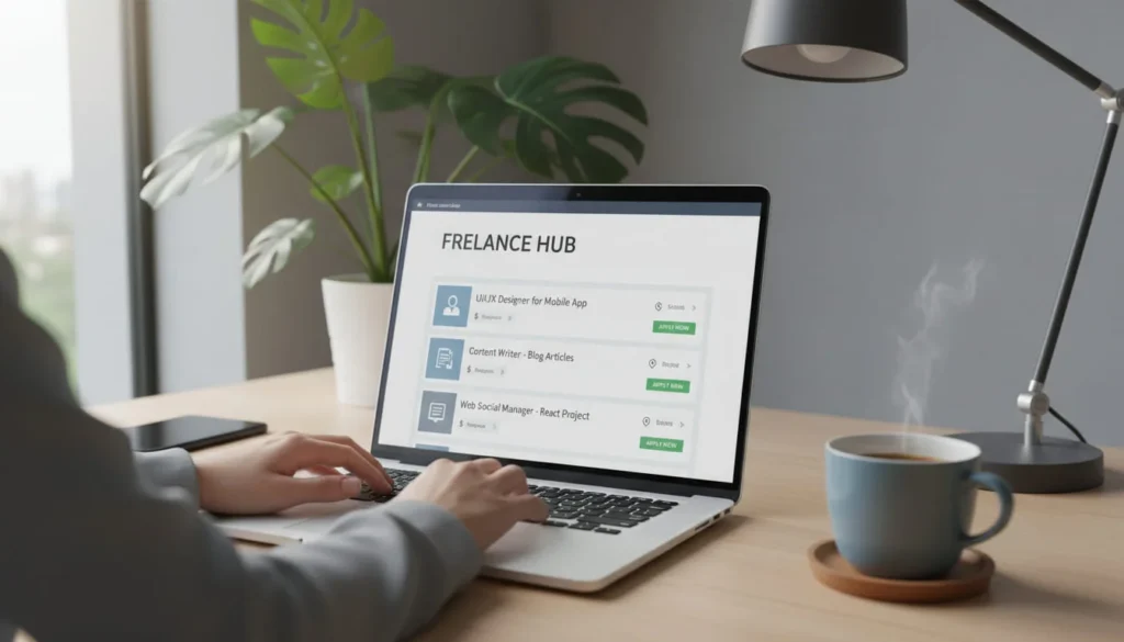 Freelancer browsing online job opportunities on freelance platform