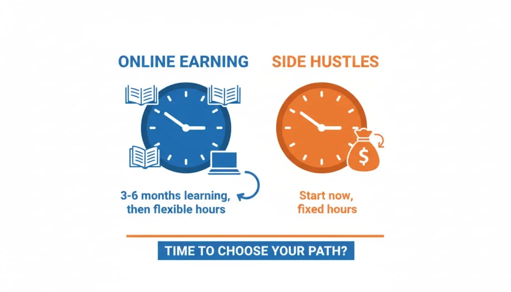 Time comparison chart showing online earning requires 3-6 months learning versus side hustles starting immediately