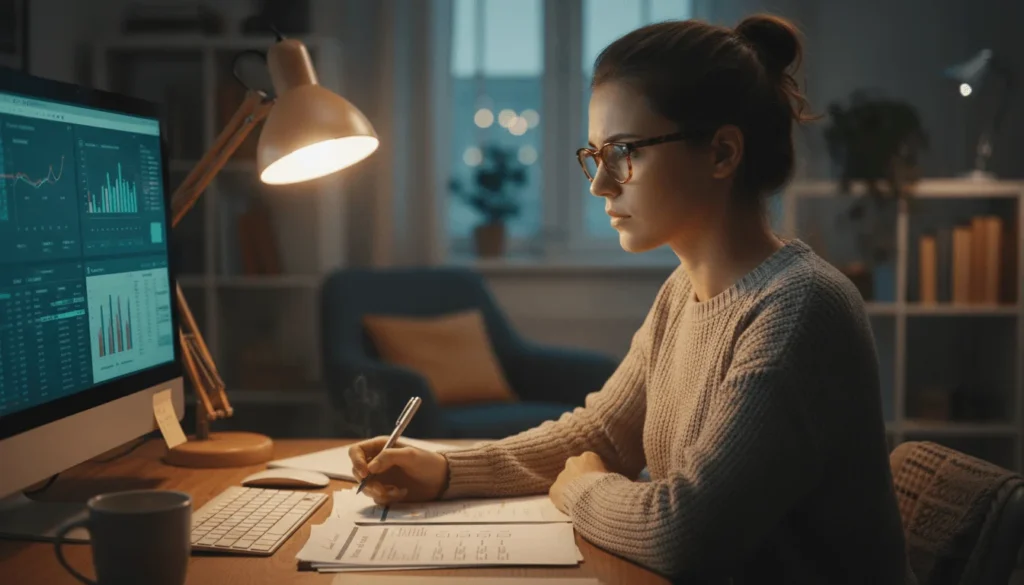 Woman carefully reviewing data entry work on computer screen with checklist