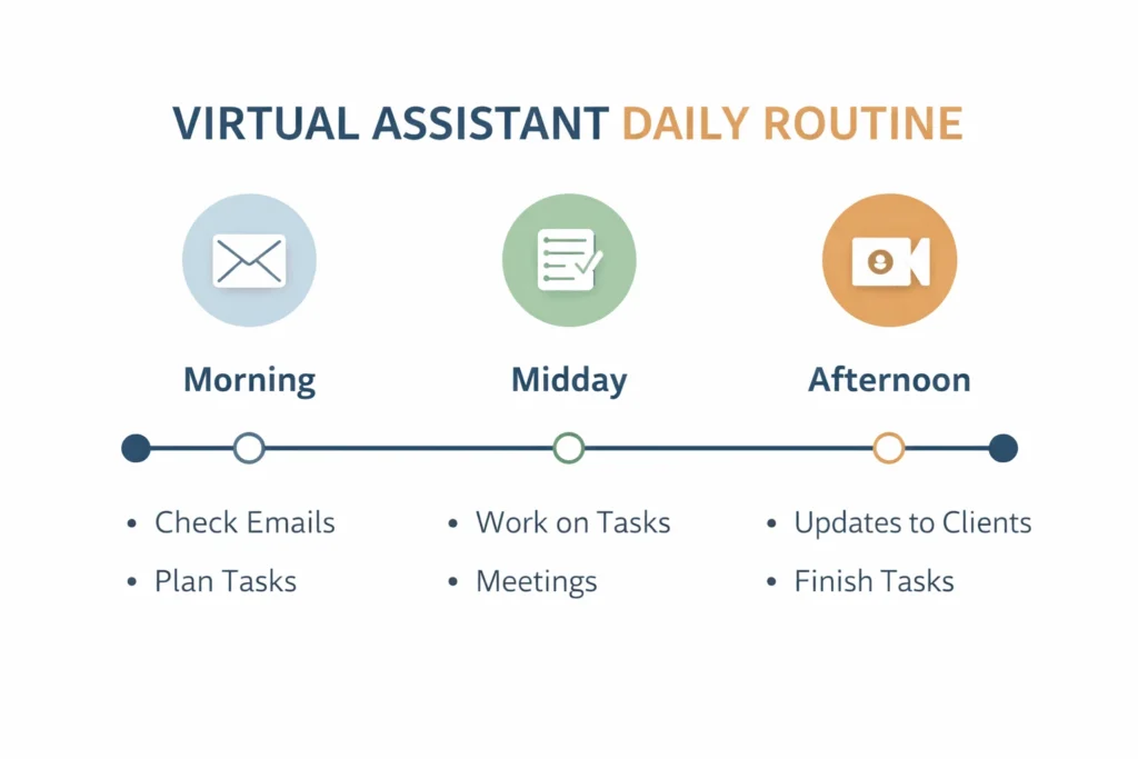 Virtual assistant daily routine timeline showing morning emails midday work tasks and afternoon meetings