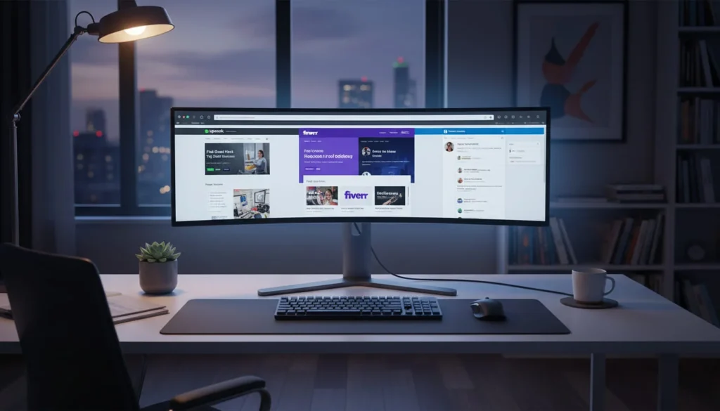 Computer screen showing multiple freelancing platform websites - Upwork, Fiverr, LinkedIn - professional workspace setup