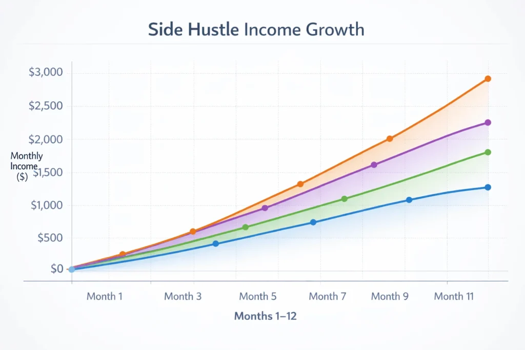 Professional line graph chart showing multiple upward trending lines representing different side hustles over 12 months timeline, smooth gradual growth curves in different colors (blue, green, purple, orange)