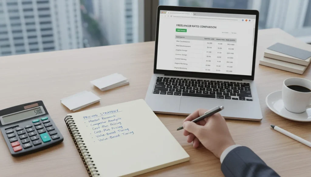 Calculator, notebook with pricing strategy written down, laptop showing freelancer rates comparison, professional business planning