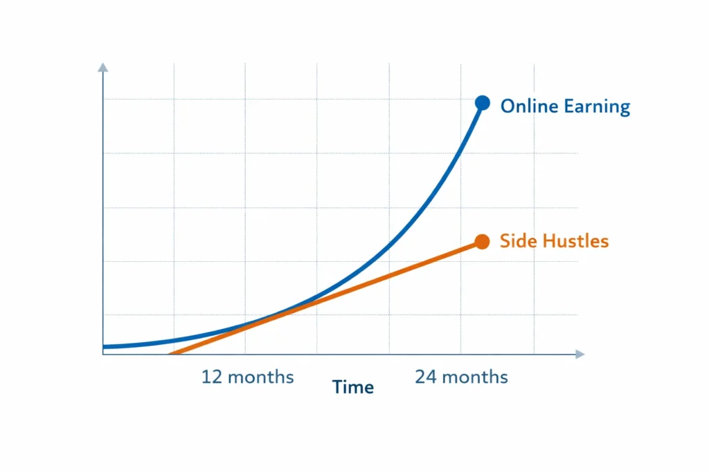 Income growth chart comparing scalable online earning methods versus linear side hustle earnings for beginners