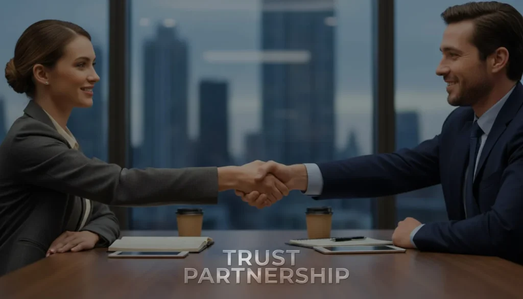 Two professionals shaking hands, representing client relationships, professional business meeting, trust and partnership