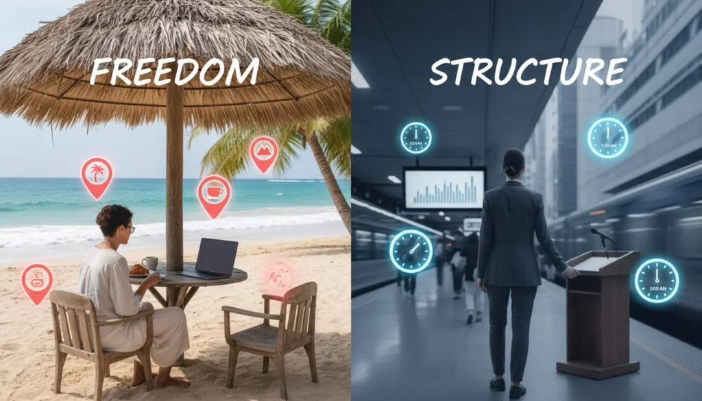 Work flexibility comparison showing online earning from anywhere versus location-dependent side hustle work