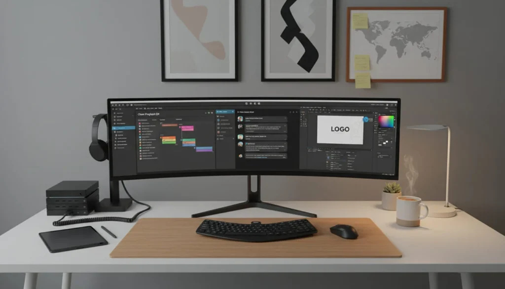 Desktop setup showing various freelancing tools on computer screen - project management, communication apps, design tools, organized workspace