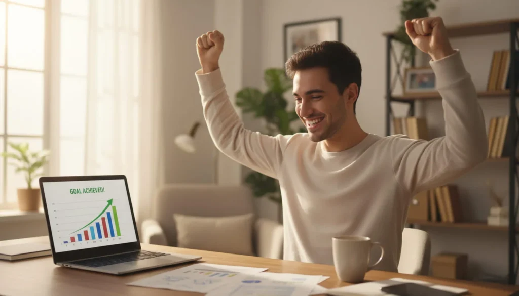 Freelancer celebrating success and growth in online career