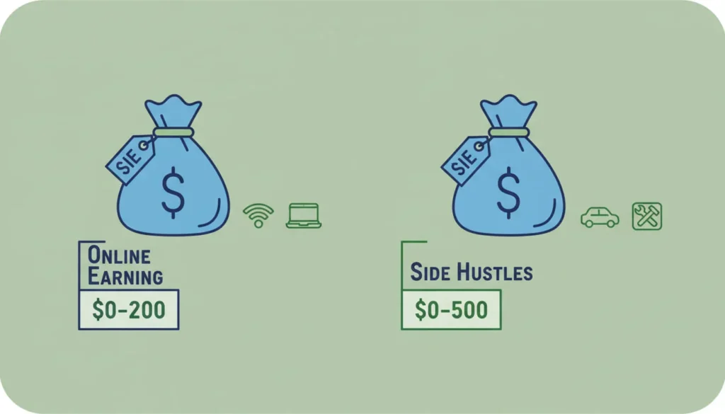 Initial investment comparison for beginners: online earning costs $0-200 versus side hustle startup costs $0-500